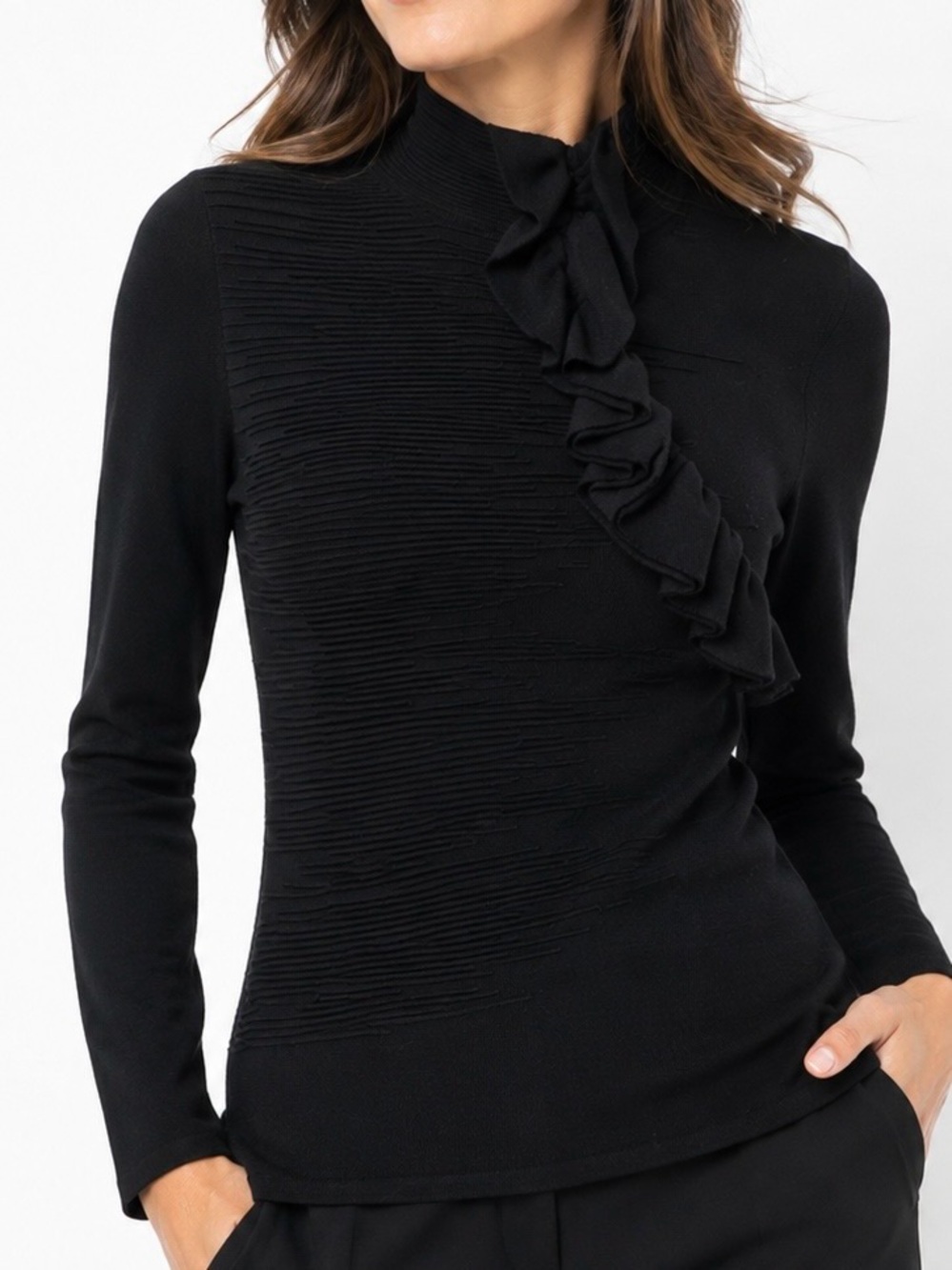 Etcetera Black Long-Sleeve Ruffle Knit Top size Medium